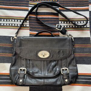 Y2K Fossil Black Leather Maddox Top Handle Crossbody Satchel Purse Handbag.